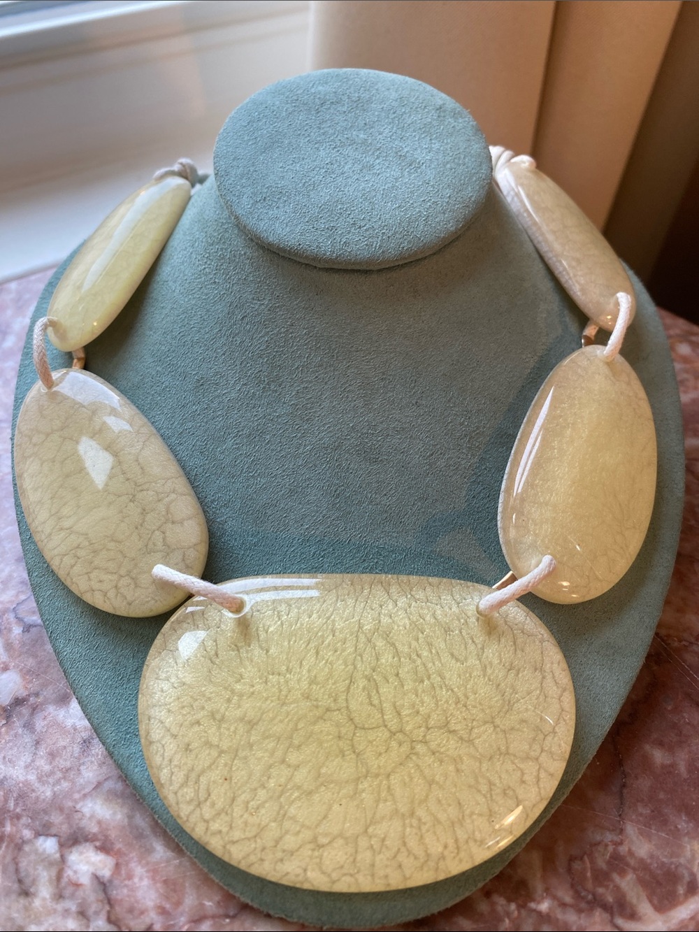 Chunky Yellow Crackle Resin Ceramic Statement Necklace Oversized Organic Boho